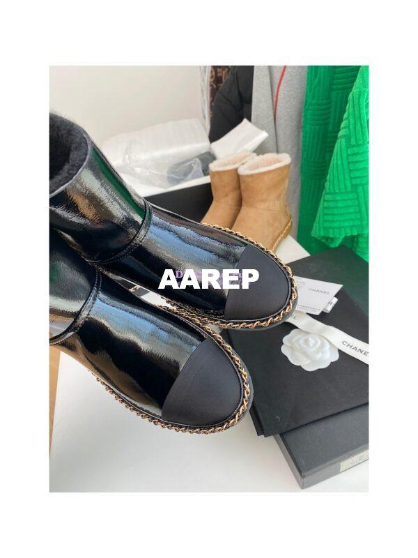 Replica Chanel Black Patent Leather Chain Link Ankle Boots with Shearling Fur G34113 8