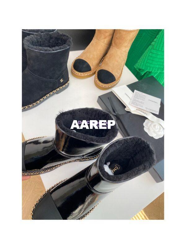 Replica Chanel Black Patent Leather Chain Link Ankle Boots with Shearling Fur G34113 11