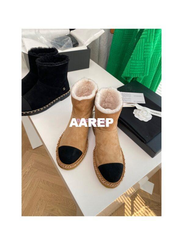 Replica Chanel Brown Suede Chain Link Ankle Boots with Shearling Fur G34113 6