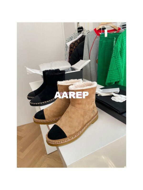Replica Chanel Brown Suede Chain Link Ankle Boots with Shearling Fur G34113 7