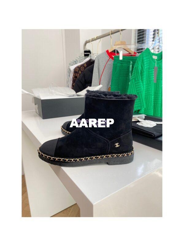 Replica Chanel Black Suede Chain Link Ankle Boots with Shearling Fur G34113 4