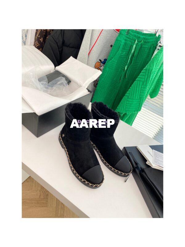 Replica Chanel Black Suede Chain Link Ankle Boots with Shearling Fur G34113 6