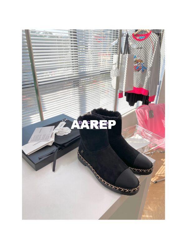 Replica Chanel Black Suede Chain Link Ankle Boots with Shearling Fur G34113 7