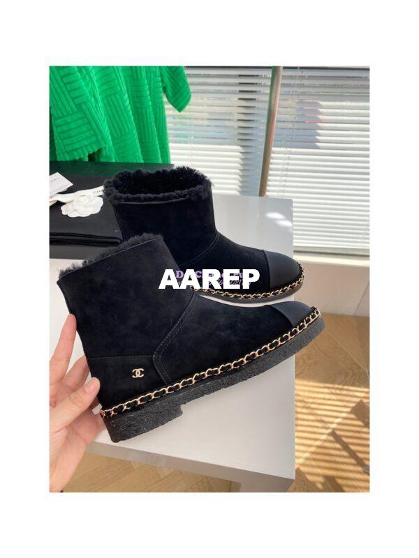 Replica Chanel Black Suede Chain Link Ankle Boots with Shearling Fur G34113 9