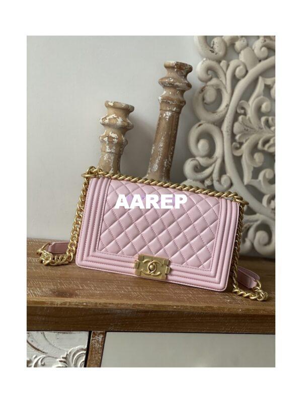 Replica Chanel Boy Handbag in Lambskin with Matte Gold Hardware 67086 Sakura Pink 13