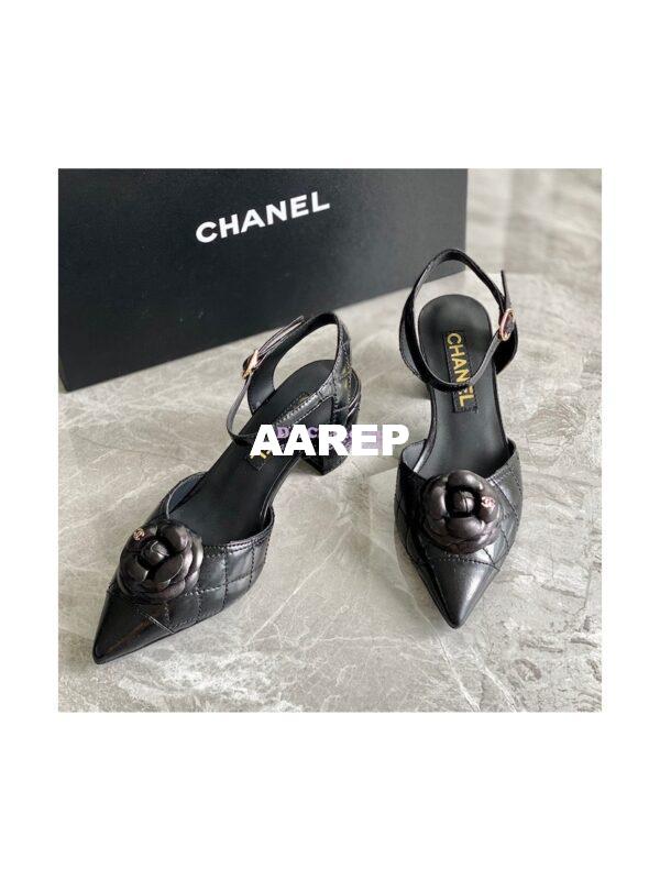 Replica Chanel Open Shoes 55mm in Lambskin G38365 with Camellia Black 5