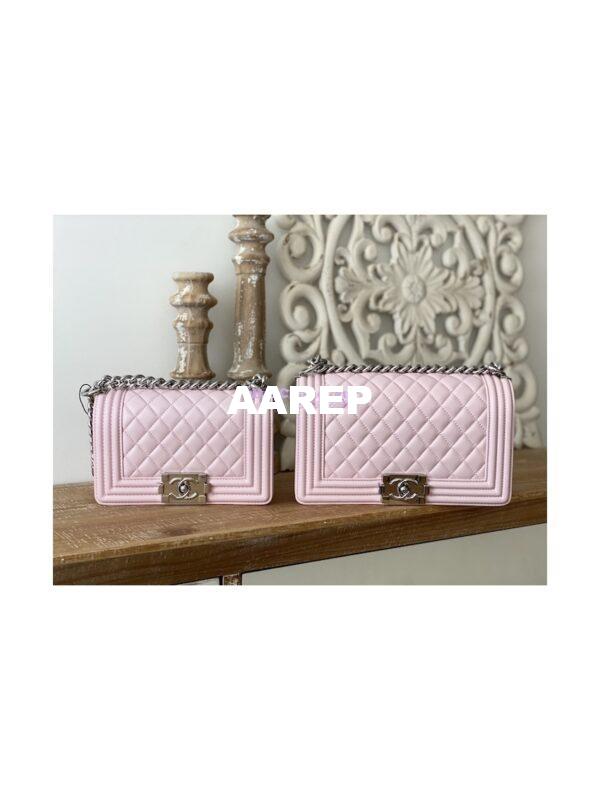 Replica Chanel Boy Handbag in Lambskin with Shining Silver Hardware 67086 Sakura Pink