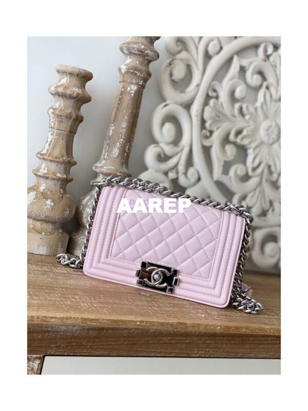 Replica Chanel Boy Handbag in Lambskin with Shining Silver Hardware 67086 Sakura Pink 2