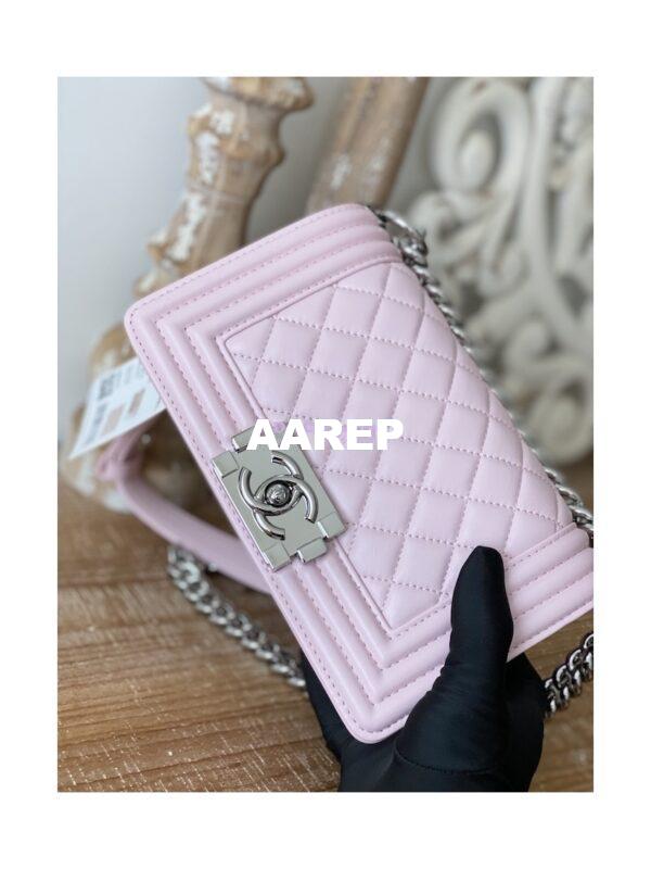 Replica Chanel Boy Handbag in Lambskin with Shining Silver Hardware 67086 Sakura Pink 3