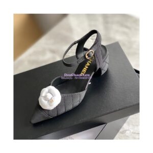 Replica Chanel Open Shoes 55mm in Grossgrain G38365 with White Camellia Black