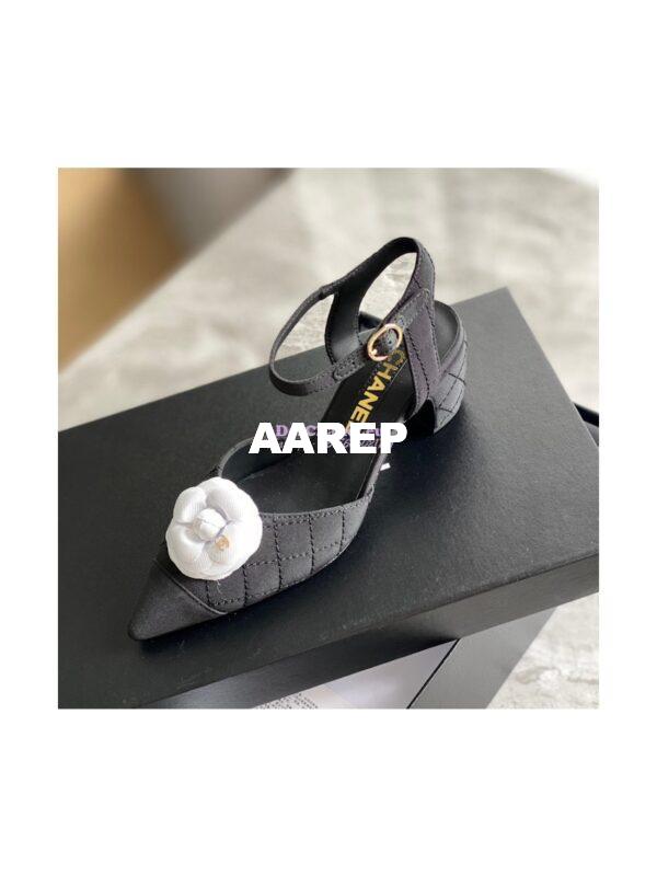 Replica Chanel Open Shoes 55mm in Grossgrain G38365 with White Camellia Black