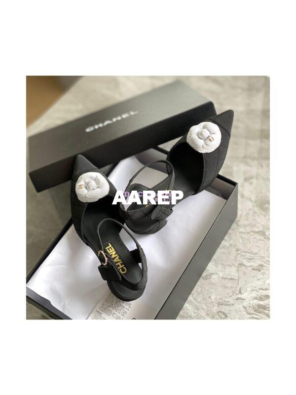 Replica Chanel Open Shoes 55mm in Grossgrain G38365 with White Camellia Black 3