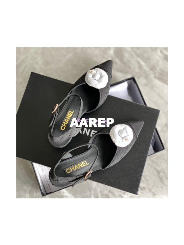 Replica Chanel Open Shoes 55mm in Grossgrain G38365 with White Camellia Black 4