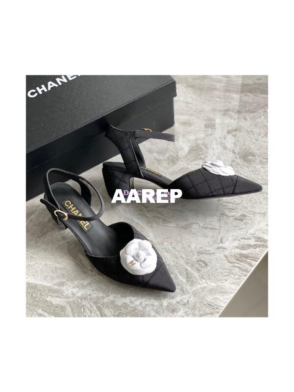Replica Chanel Open Shoes 55mm in Grossgrain G38365 with White Camellia Black 5