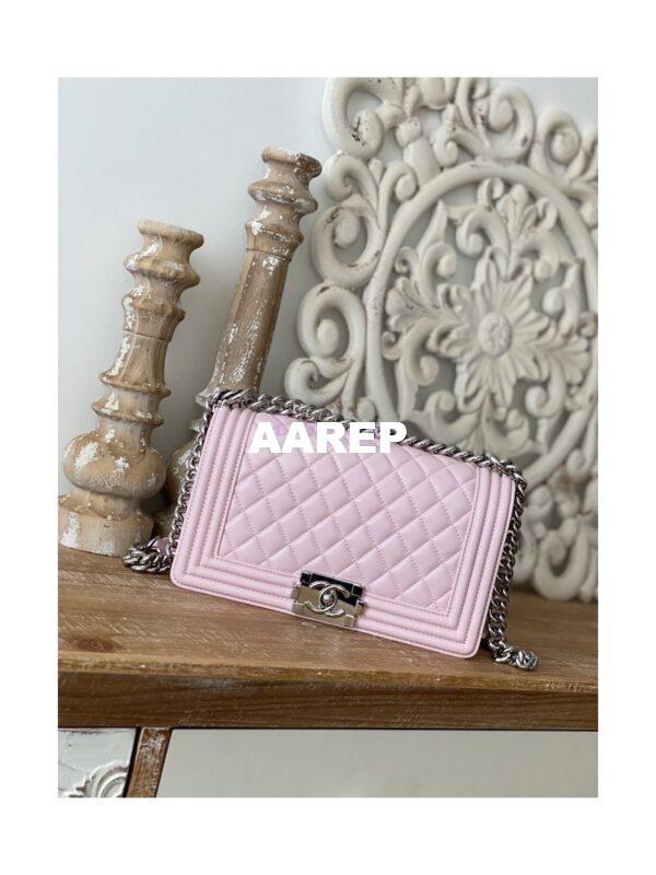 Replica Chanel Boy Handbag in Lambskin with Shining Silver Hardware 67086 Sakura Pink 11