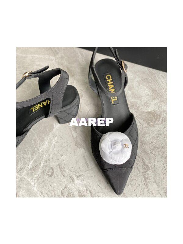 Replica Chanel Open Shoes 55mm in Grossgrain G38365 with White Camellia Black 8