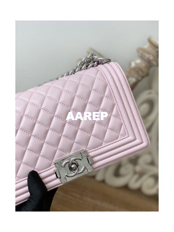 Replica Chanel Boy Handbag in Lambskin with Shining Silver Hardware 67086 Sakura Pink 13