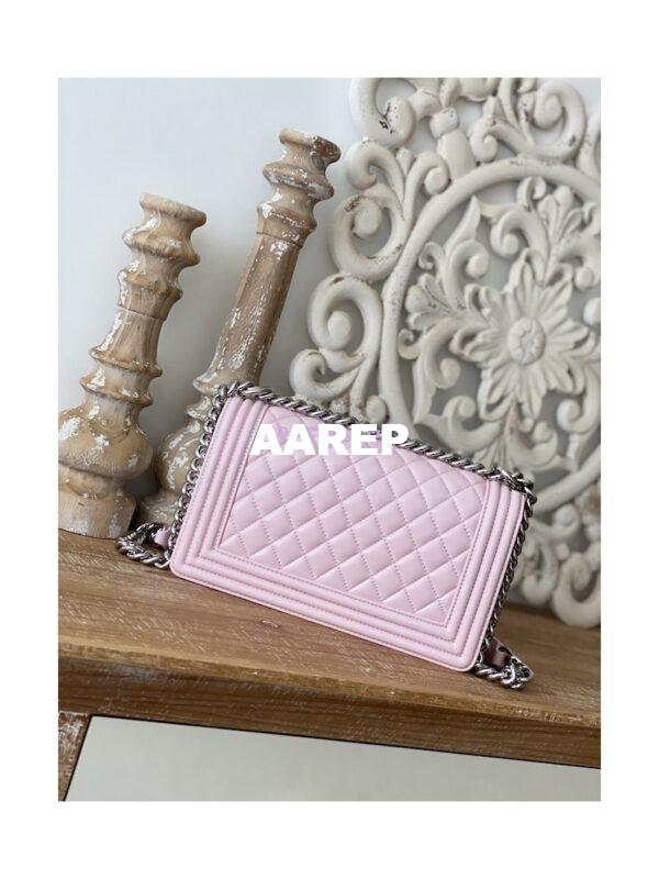 Replica Chanel Boy Handbag in Lambskin with Shining Silver Hardware 67086 Sakura Pink 18