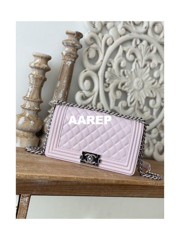 Replica Chanel Boy Handbag in Grained Calfskin with Shining Silver Hardware 67086 Sakura Pink
