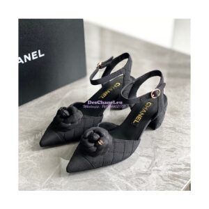 Replica Chanel Open Shoes 55mm in Grossgrain G38365 with Camellia Black