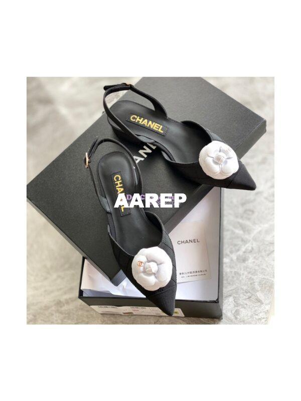 Replica Chanel Slingback in Grossgrain G38362 with White Camellia Black 2