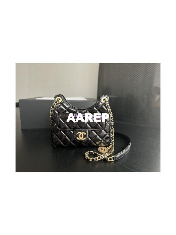 Replica Chanel Small Hobo Bag Shiny Crumpled Calfskin AS3710 Black