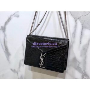 Replica YSL Saint Laurent Cassandra Monogram Clasp Bag In Crocodile Embossed Shiny Leather Black