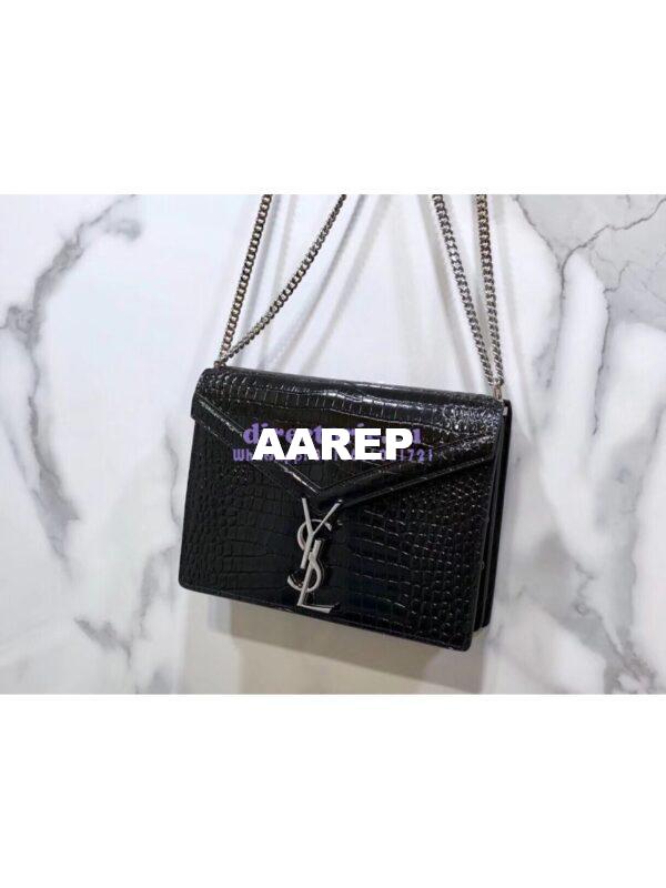 Replica YSL Saint Laurent Cassandra Monogram Clasp Bag In Crocodile Embossed Shiny Leather Black