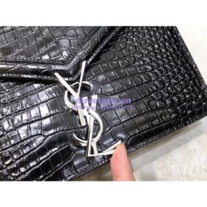 Replica YSL Saint Laurent Cassandra Monogram Clasp Bag In Crocodile Embossed Shiny Leather Black 2