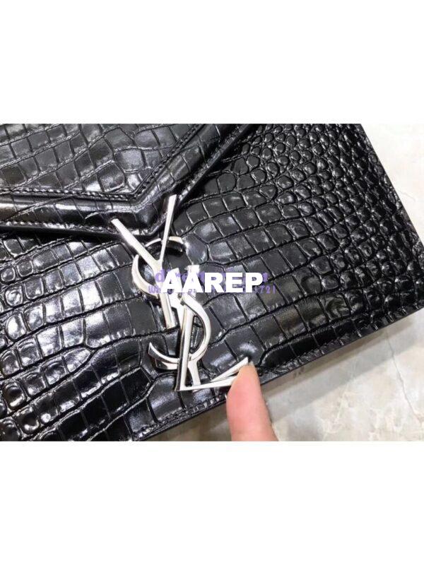 Replica YSL Saint Laurent Cassandra Monogram Clasp Bag In Crocodile Embossed Shiny Leather Black 2