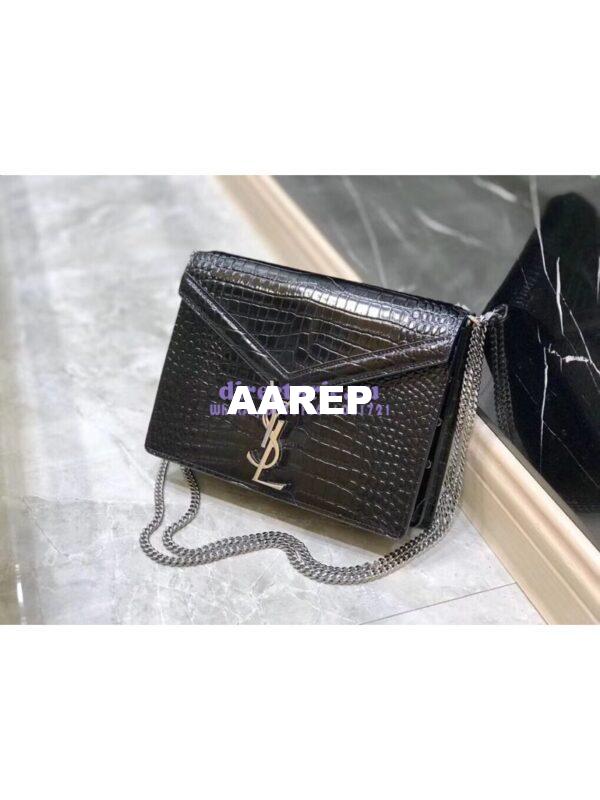 Replica YSL Saint Laurent Cassandra Monogram Clasp Bag In Crocodile Embossed Shiny Leather Black 3