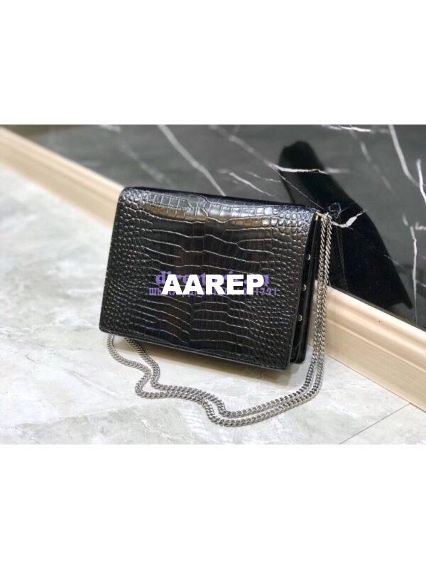 Replica YSL Saint Laurent Cassandra Monogram Clasp Bag In Crocodile Embossed Shiny Leather Black 4