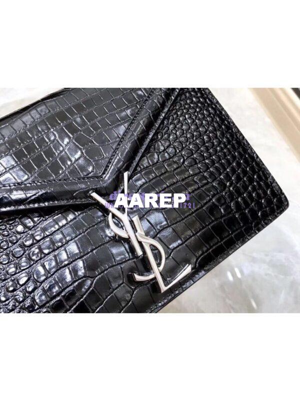 Replica YSL Saint Laurent Cassandra Monogram Clasp Bag In Crocodile Embossed Shiny Leather Black 5