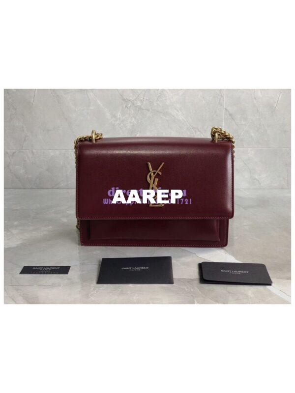 Replica YSL Saint Laurent Sunset Medium In Smooth Leather 442906 Dark Legion Red Gold Hardware 4