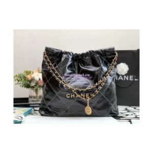 Replica Chanel 22 Handbag Shiny Calfskin & Gold Metal AS3260 AS3261 Black w White 2