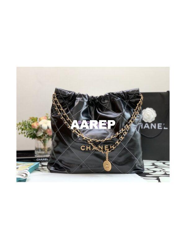 Replica Chanel 22 Handbag Shiny Calfskin & Gold Metal AS3260 AS3261 Black w White 2