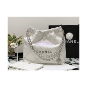 Replica Chanel 22 Handbag Shiny Calfskin & Silver Metal AS3260 AS3261 White w Black