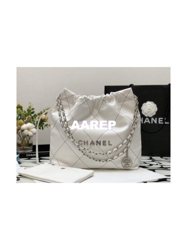 Replica Chanel 22 Handbag Shiny Calfskin & Silver Metal AS3260 AS3261 White w Black 3