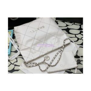 Replica Chanel 22 Handbag Shiny Calfskin & Silver Metal AS3260 AS3261 White w Black 2