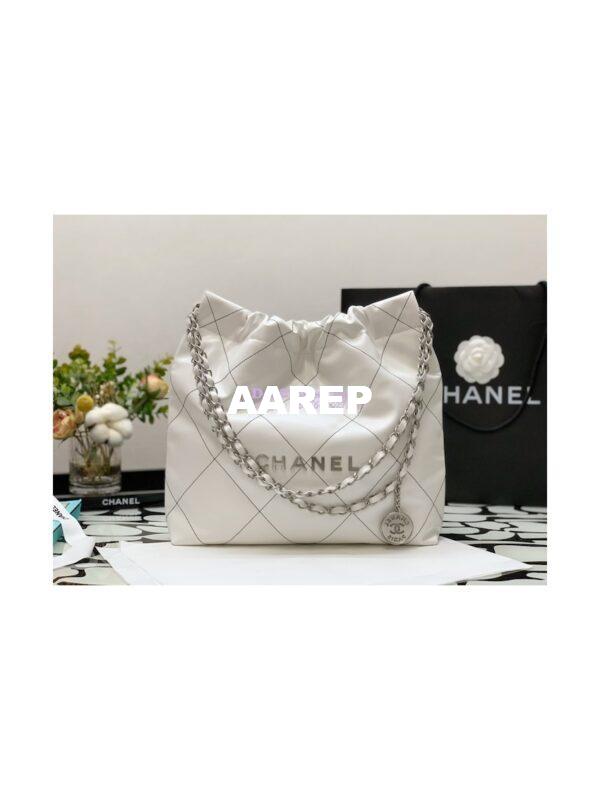 Replica Chanel 22 Handbag Shiny Calfskin & Silver Metal AS3260 AS3261 White w Black 5