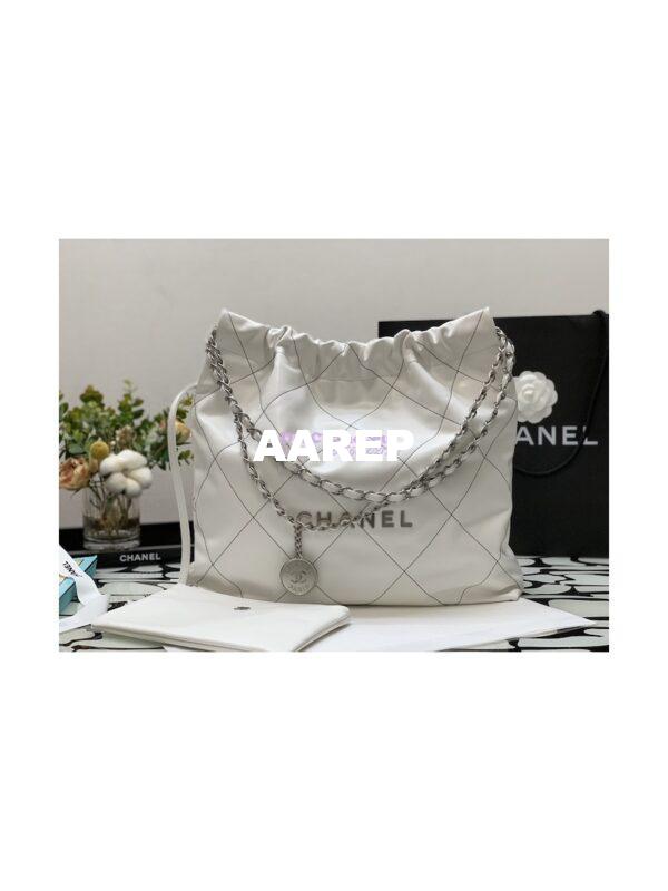 Replica Chanel 22 Handbag Shiny Calfskin & Silver Metal AS3260 AS3261 White w Black 11