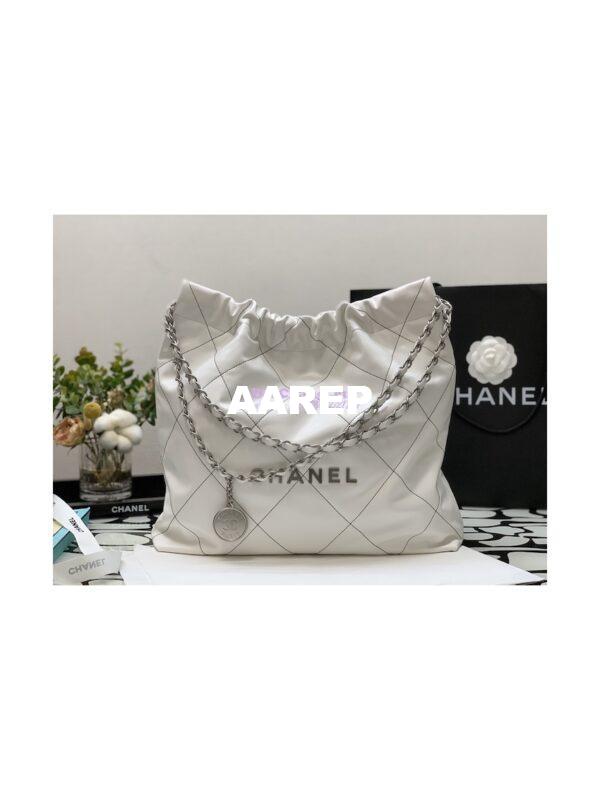 Replica Chanel 22 Handbag Shiny Calfskin & Silver Metal AS3260 AS3261 White w Black 12