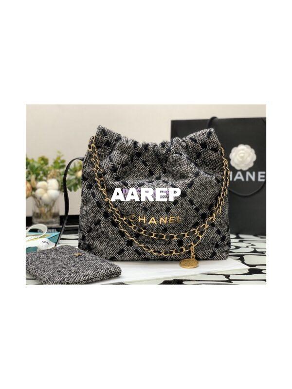 Replica Chanel 22 Handbag Wool Tweed & Gold Metal AS3260 Black and ecru