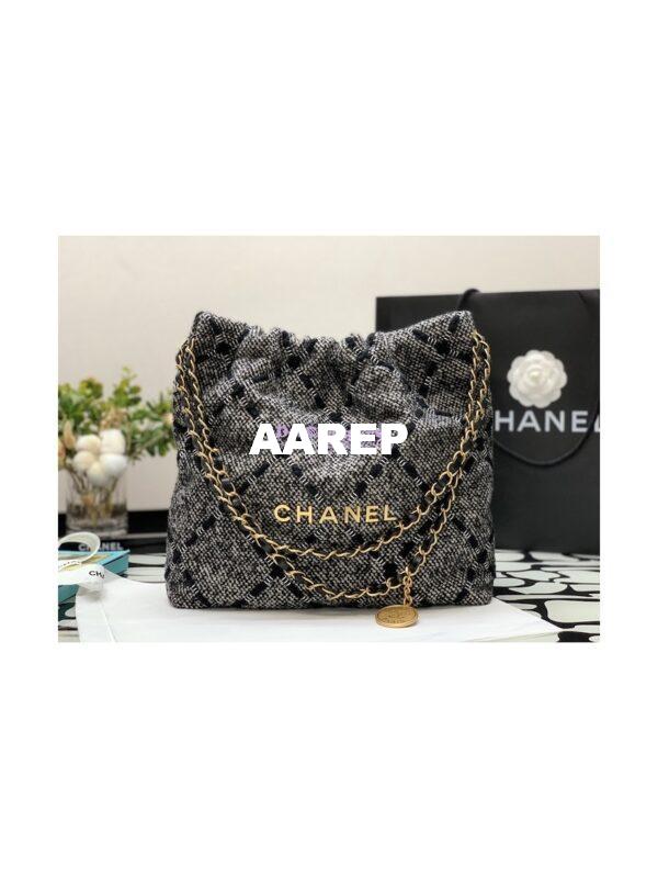 Replica Chanel 22 Handbag Wool Tweed & Gold Metal AS3260 Black and ecru 2