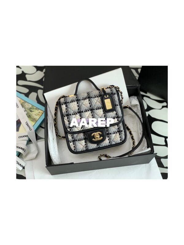 Replica Chanel Small Flap Bag With Top Handle Cotton & Wool Tweed AS3652 Ecru, grey, beige and black 3