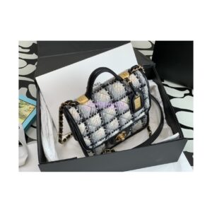 Replica Chanel Small Flap Bag With Top Handle Cotton & Wool Tweed AS3652 Ecru, grey, beige and black 2
