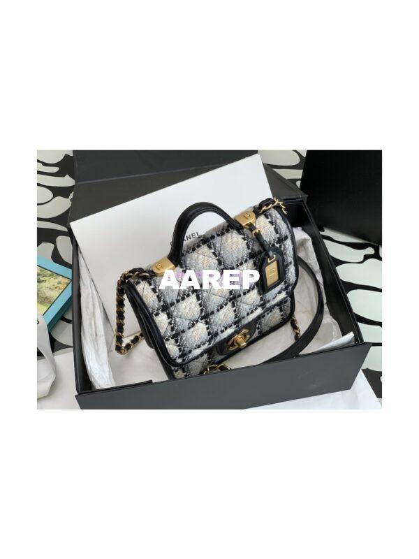 Replica Chanel Small Flap Bag With Top Handle Cotton & Wool Tweed AS3652 Ecru, grey, beige and black 4