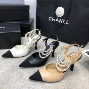 Replica Chanel Lambskin Slingbacks with Pearls High Heels G37532 Ivory