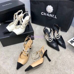 Replica Chanel Lambskin Slingbacks with Pearls High Heels G37532 Ivory 2