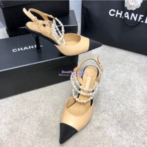 Replica Chanel Lambskin Slingbacks with Pearls High Heels G37532 Beige